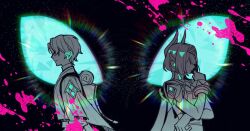  1boy 1girl black_background blood chinese_commentary closed_mouth commentary_request dottore_(genshin_impact) earrings english_commentary faceless faceless_female faceless_male genshin_impact glowing green_eyes hand_on_own_face hand_up highres jewelry nefer_(genshin_impact) pink_blood short_hair standing tuiqiao 