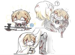  1boy 1girl ? armored_boots blonde_hair blonde_streaks blood blood_in_hair blood_on_clothes blood_on_face boots chibi faust_(project_moon) gauntlets highres jacket limbus_company n_corp._fanatic_(identity)_(project_moon) ohzv pants project_moon short_hair simple_background sinclair_(project_moon) wax_seal white_background white_hair white_jacket white_pants 