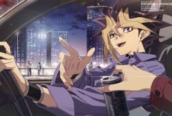  2boys black_collar black_hair blonde_hair blurry blurry_background building can car_interior collar highres holding holding_can in-franchise_crossover multicolored_hair multiple_boys muto_yugi night pov purple_hair purple_shirt shirt sitting skyscraper solo_focus spiky_hair violet_eyes yoshio_296 yu-gi-oh! yu-gi-oh!_duel_monsters yu-gi-oh!_gx yuki_judai 