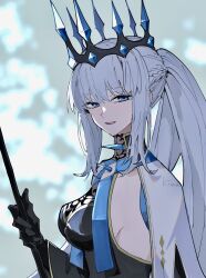  1girl artist_name black_dress black_gloves blue_eyes braid crown dress fate/grand_order fate_(series) gloves half_up_braid highres ki_wa001 long_hair looking_at_viewer morgan_le_fay_(fate) morgan_le_fay_(queen_of_winter)_(fate) ponytail smile solo spikes very_long_hair white_hair 