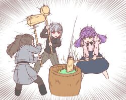  3girls black_boots black_pantyhose black_skirt black_sweater boots braid brown_hair colored_inner_hair commentary_request crown_braid emphasis_lines fujishima_megumi fujishima_megumi_(post-graduation) green_eyes grey_hair grey_jacket grey_pants grey_skirt holding holding_mallet jacket kine knee_boots link!_like!_love_live! long_hair love_live! mallet medium_skirt miniskirt mochitsuki mortar_(bowl) motion_lines multicolored_hair multiple_girls open_clothes open_jacket otomune_kozue otomune_kozue_(post-graduation) pants pantyhose pink_eyes pink_shirt pleated_skirt ponytail purple_hair red_hair red_streaks shiroyama-san shirt short_hair sidelocks simple_background skirt skirt_suit speed_lines streaked_hair suit sweater v-shaped_eyebrows virtual_youtuber white_background yugiri_tsuzuri yugiri_tsuzuri_(post-graduation) 