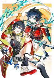  2boys ahoge alternate_costume androgynous aqua_eyes arm_ribbon bead_bracelet beads beak bird bird_wings black_gloves black_hair black_leg_warmers black_shirt black_shoes black_shorts black_thighhighs blue_eyes blue_hair border bracelet braid bright_pupils closed_mouth feathered_wings feet_out_of_frame fingerless_gloves fingernails fish fish_hair_ornament floating_hair flute flying full_body garter_belt genshin_impact gloves gold_trim gradient_hair green_jacket hair_between_eyes hair_ornament hands_up holding holding_flute holding_instrument hood hooded_jacket instrument jacket jewelry leg_ribbon leg_warmers long_sleeves looking_at_viewer magicrabbit49586 male_focus mandarin_collar multicolored_hair multiple_boys music nameless_bard_(genshin_impact) open_clothes open_jacket open_mouth orange_background outside_border playing_flute playing_instrument puffy_long_sleeves puffy_sleeves red_hair red_jacket red_shirt ribbon scarf shirt shoes short_hair shorts single_leg_warmer single_thighhigh sitting smile socks streaked_hair tassel teeth thigh-highs tongue twin_braids two-sided_fabric two-sided_jacket two-tone_shirt venti_(genshin_impact) water waves white_border white_pupils white_scarf white_shirt white_shoes white_shorts white_socks wide_sleeves wings yellow_ribbon 