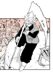  1boy boots commentary dragon_ball dragon_ball_super energy_weapon english_commentary full_body goku_black greyscale holding holding_ice_cream_cone holding_scythe ice_cream_cone licking male_focus monochrome ruins sash scythe senka-san sitting solo spot_color super_saiyan super_saiyan_rose tree twitter_username 