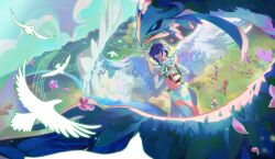  2girls 3boys androgynous arm_up beret black_bow black_hair black_jacket black_pants blonde_hair blue_hair blue_pants blue_sky body_markings boots bow braid bridal_gauntlets brown_boots brown_gloves cape closed_eyes closed_mouth clouds cloudy_sky dark-skinned_male dark_skin day diluc_(genshin_impact) dragon dress english_commentary eyepatch feathered_wings flower flying full_body fur_trim genshin_impact gloves gold_ring gradient_hair grass hair_between_eyes hair_bow hair_over_one_eye hands_up hat high_ponytail highres holding holding_hands holding_instrument holding_lyre hood hooded_cape instrument jacket jean_(genshin_impact) kaeya_(genshin_impact) klee_(genshin_impact) long_sleeves low_twintails lyre midriff multicolored_hair multiple_boys multiple_girls music navel noredemptionarc official_alternate_costume outdoors pants petals playing_instrument ponytail puffy_long_sleeves puffy_sleeves purple_flower red_dress red_hair red_hat short_hair short_shorts shorts single_thighhigh sky smile tank_top thigh-highs tree twin_braids twintails venti_(archon)_(genshin_impact) venti_(genshin_impact) white_cape white_jacket white_pants white_shorts white_tank_top white_thighhighs wings 