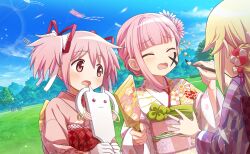  3girls anime_coloring artist_request back_bow blonde_hair blue_sky blunt_bangs bow calligraphy_brush checkered_bow checkered_clothes cherry_blossom_print closed_eyes clouds day dot_nose field fingernails floral_print flower frilled_sleeves frills frown game_cg gloves hair_between_eyes hair_bow hair_bun hair_flower hair_ornament hair_ribbon haregi highres holding holding_calligraphy_brush holding_paddle holding_paintbrush japanese_clothes jewelry kaname_madoka kaname_madoka_(haregi_ver.) kimono kite kyubey light_blush light_particles long_hair long_sleeves magia_record:_mahou_shoujo_madoka_magica_gaiden mahou_shoujo_madoka_magica mahou_shoujo_madoka_magica_magia_exedra mitsuki_felicia mitsuki_felicia_(haregi_costume) multiple_girls obi official_alternate_costume official_art open_mouth outdoors paddle paintbrush painting_(action) park pink_eyes pink_flower pink_hair pink_kimono pink_sash print_kimono purple_bow purple_flower purple_kimono raised_inner_eyebrows red_bow red_ribbon ribbon ring sash short_hair short_twintails single_hair_bun single_sidelock sky sleeves_past_wrists surprised tamaki_iroha tamaki_iroha_(haregi_costume) tareme third-party_source tree twintails updo upper_body waist_bow white_bow white_gloves white_kimono wide_sleeves 