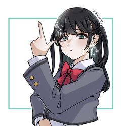  1girl absurdres aqua_border black_hair blush border bow bowtie collared_shirt commentary_request cosplay daua_history fingernails green_eyes grey_jacket hand_up heart highres index_finger_raised inset_border iwata_haruki jacket long_hair long_sleeves looking_at_viewer outside_border parted_lips real_life red_bow red_bowtie school_uniform seishou_music_academy_uniform shirt shoujo_kageki_revue_starlight simple_background solo sparkle translation_request tsuyuzaki_mahiru tsuyuzaki_mahiru_(cosplay) two_side_up upper_body v-shaped_eyebrows voice_actor voice_actor_connection white_background white_shirt 