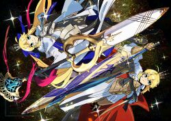  2girls ahoge armor artoria_caster_(fate) artoria_caster_(third_ascension)_(fate) artoria_pendragon_(fate) avalon_(fate) blonde_hair blue_bow bow breastplate crown dress excalibur_(fate/stay_night) fate/grand_order fate_(series) gauntlets gold_armor green_eyes hair_bow highres long_hair lord_logres_(fate) lord_logres_(first_ascension)_(fate) marmyadose_(fate) multiple_girls pirohi_(pirohi214) short_hair smile twintails white_dress 