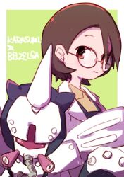  1girl belzelga border brown_eyes brown_hair character_name closed_mouth collared_shirt glasses hair_behind_ear horns jaggy_lines jamir karasumi_(medarot) lab_coat looking_at_viewer medarot robot round_eyewear shirt short_hair white_border yellow_shirt 