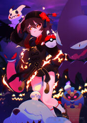  1girl absurdres black_dress brown_hair cofagrigus commentary_request crossover dress fire flower gengar genshin_impact greavard hat hat_flower haunter highres holding holding_poke_ball hu_tao_(genshin_impact) litwick long_hair long_sleeves looking_at_viewer mimikyu open_mouth outdoors plum_blossoms poke_ball poke_ball_(basic) pokemon pokemon_(creature) red_eyes smile symbol-shaped_pupils tassel u_tei 