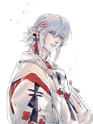  1boy blue_eyes closed_mouth commentary elezen elf final_fantasy final_fantasy_xiv flower flower_knot grey_hair hair_between_eyes hair_flower hair_ornament haurchefant_greystone highres japanese_clothes knot_earrings light_smile male_focus medium_hair pointy_ears samatokiblank solo symbol-only_commentary twitter_username white_background 