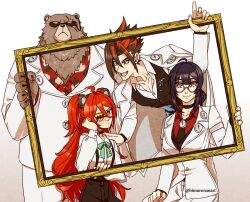  2boys 2girls ahoge animal_ears anton_ivanov bear_boy bear_ears ben_bigger black_hair breasts brown_fur eyepatch fake_animal_ears furry furry_male grace_howard hair_between_eyes hair_ornament highres himuronanart holding koleda_belobog large_breasts long_hair looking_at_viewer multicolored_hair multiple_boys multiple_girls open_mouth orange_eyes red_eyes red_hair scar scar_across_eye scar_on_face shirt simple_background smile sphere_hair_ornament white_background zenless_zone_zero 