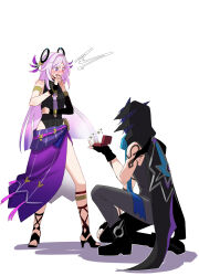  1boy 1girl @_@ ^^^ animal_ears arm_tattoo armlet artistic_error bare_shoulders bat_boy bat_ears black_boots black_cape black_gloves black_hood black_jacket black_leotard black_sleeves blue_eyes blue_hair blunt_ends blush boots bracelet cape citlali_(genshin_impact) cleavage_cutout clothing_cutout collarbone commentary_request detached_sleeves embarrassed eyelashes facial_mark facing_another feather_hair_ornament feathers fingerless_gloves floating_headgear forehead_mark frown full_body furrowed_brow genshin_impact giving glint gloves gold gradient_hair grandmother_and_grandson grey_pants grey_shirt hair_intakes hair_ornament hand_on_own_chest hand_on_own_chin hand_on_own_knee hand_up headgear highleg highleg_leotard highres hip_vent holding hood hood_up hooded_cape inseki jacket jewelry korean_commentary leotard long_hair looking_at_another marriage_proposal multicolored_hair necktie on_one_knee open_mouth ororon_(genshin_impact) pants parted_bangs pink_feathers pink_hair purple_hair purple_necktie purple_sarong red_pupils ribbed_leotard ring_box ring_hair_ornament sarong shadow shirt side_slit sidelocks single_sleeve sleeveless sleeveless_shirt stomach_cutout sugarcanedove surprised sweat tattoo teeth triangle triangle_facial_mark tsurime turtleneck turtleneck_leotard white_background wide-eyed 