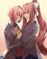  2girls blazer blue_eyes blue_skirt blush bow brown_hair brown_sweater_vest brown_vest collared_shirt commentary_request crying crying_with_eyes_open doki_doki_literature_club doki_doki_literature_club_school_uniform from_side grey_jacket hair_bow hair_intakes hair_ribbon highres hug jacket long_hair monika_(doki_doki_literature_club) multiple_girls muno_beam neck_ribbon open_clothes open_jacket open_mouth pink_hair ponytail red_bow red_ribbon ribbon sayori_(doki_doki_literature_club) school_uniform shirt short_hair sidelocks skirt smile sweater_vest tears vest white_ribbon white_shirt 