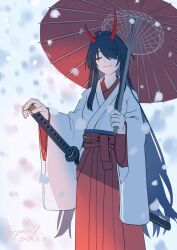  1girl acheron_(honkai:_star_rail) acheron_(izumo)_(honkai:_star_rail) ahoge artist_name black_hair c2_2825 closed_eyes commentary_request eyeliner hair_over_one_eye hakama hand_on_hilt honkai:_star_rail honkai_(series) horns japanese_clothes light_smile long_hair makeup official_alternate_costume oil-paper_umbrella red_eyeliner red_hakama red_horns snowing umbrella very_long_hair 