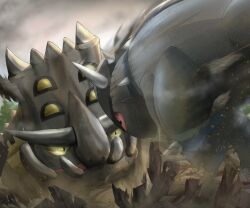  animal_focus bastiodon battle bo_(bouillustration) closed_mouth commentary_request debris headbutt motion_blur no_humans nostrils open_mouth pokemon pokemon_(creature) pokemon_focus rampardos spikes teeth 