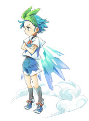  1girl alternate_costume black_socks blue_eyes blue_hair blue_hoodie blue_shoes blue_shorts cirno clouds commentary_request crossed_arms detached_wings from_side full_body green_headband headband highres hood hoodie ice ice_wings light_blush profile red_ribbon ribbon shoes short_hair short_sleeves shorts sneakers socks solo touhou undershirt white_background white_hood wings ziro_(daydozen) 