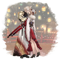  1boy 1girl absurdres aerith_gainsborough aerith_gainsborough_(festive_crimson_attire) arm_around_waist armor black_boots blonde_hair boots bridge brown_boots brown_hair cloud_strife cloud_strife_(new_year's_battle_garb) commentary couple english_commentary final_fantasy final_fantasy_vii final_fantasy_vii:_ever_crisis flower frilled_kimono frills full_body fur-trimmed_kimono fur_trim furisode hair_flower hair_ornament hetero high_heel_boots high_heels highres japanese_armor japanese_clothes kimono lantern lantern_festival life_soso_art long_hair multiple_swords official_alternate_costume official_alternate_hairstyle red_trim short_hair shoulder_armor side_slit sidelocks snake_print spiky_hair updo white_flower white_kimono 