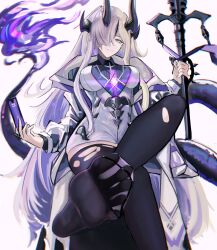  1girl absurdres arknights black_thighhighs blue_eyes breasts coat crossed_legs dragon_girl dragon_horns dragon_tail dress feet fire flame-tipped_tail foot_focus foot_out_of_frame grey_hair hair_over_one_eye highres holding holding_weapon horns jewelry large_breasts long_hair long_sleeves looking_at_viewer necrass_(arknights) no_shoes open_clothes open_coat polearm purple_fire simple_background sitting smile soles solo staff suiryuu_(18559651) sweater tail thigh-highs toes torn_clothes torn_thighhighs very_long_hair weapon white_background white_coat white_dress 