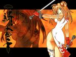  ass asymmetrical_clothes bare_shoulders breasts china_dress chinese_clothes double_bun gloves green_eyes highres ikkitousen large_breasts looking_back narrow_waist no_panties official_art orange_hair shiozaki_yuji side_slit single_thighhigh smile solo sonsaku_hakufu sword thighhighs wallpaper weapon zoom_layer 