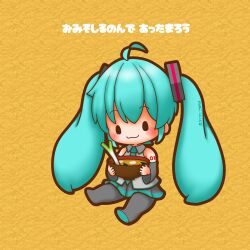  1girl :3 absurdres ahoge aqua_hair bowl chibi chibi_only closed_mouth commentary_request food hatsune_miku highres holding holding_bowl holding_food long_hair miso_soup sh1n_chan sitting smile solo spring_onion thick_outlines twintails vocaloid 