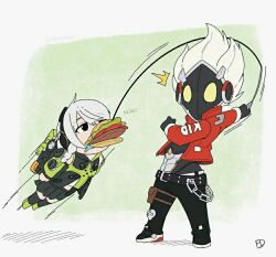 1boy 1girl anby_demara billy_kid burger fishing fishing_rod hamburger short_hair zenless_zone_zero