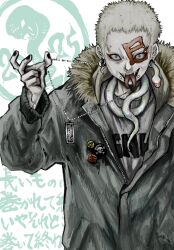  1boy animal_on_shoulder badge black_nails blonde_hair blue_eyes button_badge chinese_zodiac colored_skin earlobe_stretcher earrings eyebrow_piercing face_piercing facial_mark fangs forked_tongue fur-trimmed_jacket fur_trim grey_jacket highres hood hood_down hooded_jacket jacket jewelry long_sleeves necklace necklace_pull no_eyebrows nu_punxxxz original piercing print_shirt septum_piercing shirt short_hair single_earring slit_pupils snake snakebite_(piercing) solo tongue tongue_out white_skin white_snake year_of_the_snake 