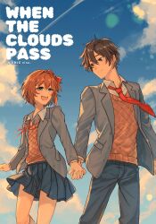  1boy 1girl blazer blue_eyes blue_pants blue_skirt blue_sky blush bow brown_hair closed_mouth clouds collared_shirt couple cover cover_page day doki_doki_literature_club doki_doki_literature_club_school_uniform english_text eyelashes grey_jacket hair_between_eyes hair_bow hair_intakes hetero highres jacket lens_flare long_sleeves looking_at_another neck_ribbon necktie non-web_source open_clothes open_jacket open_mouth orange_sweater_vest orange_vest outdoors pants pink_hair protagonist_(doki_doki_literature_club) red_bow red_necktie red_ribbon ribbon sayori_(doki_doki_literature_club) school_uniform shirt short_hair skirt sky smile sora_(efr) sweater_vest teeth upper_teeth_only vest white_shirt 