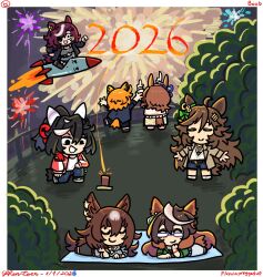  2026 6+girls ^_^ aerial_fireworks ahoge animal_ear_piercing animal_ears belt bespectacled black_eyes black_hair black_jacket black_pants black_shoes black_socks blue-framed_eyewear blue_belt blue_jacket blue_pants blue_shirt blue_shorts boots border bow bra_strap bracelet brown_belt brown_boots brown_coat brown_hair brown_shoes bush casual chibi closed_eyes coat collared_coat collared_shirt dated denim denim_shorts ear_covers ear_ornament ear_ribbon expressive_hair eyepatch fireworks floral_print from_behind glasses gold_necklace green_bow green_shirt grey_shirt hair_between_eyes hair_bow hair_ornament hairclip hand_in_own_hair hand_on_own_chin happy highres horse_ears horse_girl horse_tail jacket jeans jewelry katsuragi_ace_(casual)_(umamusume) katsuragi_ace_(umamusume) kneehighs lapels layered_sleeves leg_up letter_hair_ornament long_hair long_skirt long_sleeves looking_at_object lying medium_hair meisho_doto_(casual)_(umamusume) meisho_doto_(umamusume) messy_hair mr._c.b._(casual)_(umamusume) mr._c.b._(umamusume) multicolored_hair multiple_girls multiple_piercings necklace new_year night notched_lapels off-shoulder_shirt off_shoulder on_one_knee on_stomach open_clothes open_coat orange_hair outdoors outstretched_arms pants parallel_hairclips pendant pikminpreggedup pink_shoes pointing pointing_up ponytail print_skirt puffy_long_sleeves puffy_sleeves purple_ribbon railing red_bow red_jacket ribbed_socks ribbon riding rocket shirt shoes shorts signature sirius_symboli_(casual)_(umamusume) sirius_symboli_(umamusume) skirt smiley_face sneakers socks streaked_hair striped_clothes striped_shirt sweater symboli_rudolf_(casual)_(umamusume) symboli_rudolf_(umamusume) t.m._opera_o_(casual)_(umamusume) t.m._opera_o_(umamusume) tail tanino_gimlet_(casual)_(umamusume) tanino_gimlet_(umamusume) thick_eyebrows three-quarter_sleeves track_jacket umamusume v-shaped_eyebrows vertical-striped_clothes vertical-striped_shirt white_border white_pants white_shirt white_sweater wide-eyed yellow_skirt 
