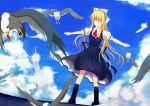  awl bad_id bird blonde_hair closed_eyes feathers highres kamio_misuzu long_hair outstretched_arms ponytail school_uniform seagull spread_arms to_aru_awl 