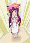  :&lt; absurdres apron blush crescent hat highres jewelry ladle long_hair matatabeat patchouli_knowledge purple_eyes purple_hair ring slippers solo touhou violet_eyes 