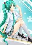  aqua_hair hatsune_miku kneehighs long_hair necktie nikoo shoes sitting skirt socks twintails very_long_hair vocaloid 