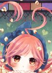  1girl ahoge ami7 blush earmuffs headphones long_hair looking_at_viewer pink_hair popcorn red_eyes sf-a2_miki solo star symbol-shaped_pupils vocaloid 