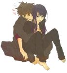  black_eyes black_hair hug hug_from_behind long_hair male multiple_boys open_clothes open_shirt ponytail raven shirt smile tales_of_(series) tales_of_vesperia white_background yuri_lowell 