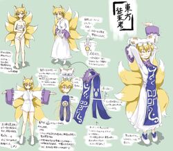  blonde_hair character_sheet chinese_clothes clothes diagram embarrassed fox_ears fox_tail hat highres kamehoro multiple_tails robe sarashi short_hair stretch surcoat tail touhou translation_request yakumo_ran yakumo_yukari yellow_eyes 