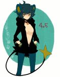  blue_hair breasts brown_eyes costume hands_in_pockets l_hakase luxray open_clothes open_shirt pantyhose personification pokemon shirt short_hair solo tail 