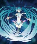  aqua_eyes aqua_hair bad_id belt breasts detached_sleeves hatsune_miku hatsune_miku_(append) highres long_hair miku_append navel necktie nnoa open_mouth singing solo tears thigh-highs thighhighs twintails under_boob underboob very_long_hair vocaloid vocaloid_append zettai_ryouiki 
