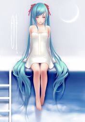  aqua_hair bare_shoulders barefoot cloud detached_sleeves dress feet hatsune_miku highres ladder lips long_hair moon sitting solo very_long_hair vocaloid yori 