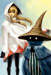  black_mage black_mage_(fft) blonde_hair female final_fantasy final_fantasy_tactics gloves glowing_eyes hat hood long_hair ninetysix pantyhose robe white_mage white_mage_(fft) witch_hat yellow_eyes 