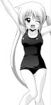  highres ken_(haresaku) monochrome one-piece_swimsuit sanzen&#039;in_nagi sanzen'in_nagi school_swimsuit swimsuit twintails waving wink 