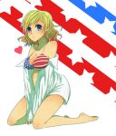  1girl america america_(hetalia) axis_powers_hetalia bikini_top blonde_hair blue_eyes breasts cleavage genderswap highres kisaragi_n kneeling open_clothes open_shirt pregnant shirt shirt_pull short_hair solo 