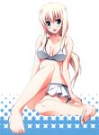  :d absurdres bikini bikini_skirt blonde_hair blue_eyes blush breasts breasts_apart cleavage copyright_request feet highres long_hair open_mouth purple_software simple_background sitting smile solo swimsuit swimsuit yuuki_makoto 