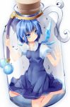  blue_eyes blue_hair bottle bow cirno cork erect_nipples hair_bow in_bottle in_container mikan_(bananoha) short_hair solo touhou water wings 