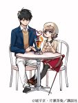  1boy 1girl black_eyes black_hair blazer blue_jacket cane chair chashiba_katase collared_shirt crazy_straw cup drinking_glass drinking_straw elbows_on_table food fruit full_body hands_clasped hat heart_straw highres iwanaga_kotoko jacket kyokou_suiri light_brown_hair long_pants medium_skirt orange orange_slice own_hands_together pants pantyhose red_skirt sakuragawa_kurou shirt shoes short_hair simple_background sitting skirt table violet_eyes white_background white_headwear white_pants 