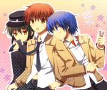  angel_beats! arm_holding blue_hair brown_eyes brown_hair clothes_pin green_hair hat hinata_(angel_beats!) male multiple_boys naoi_ayato otonashi_(angel_beats!) pokopi purple_eyes school_uniform short_hair tie_grab violet_eyes yellow_eyes 