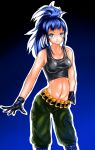  alternate_hairstyle belt black_eyes blue_hair cosplay gloves k-on! king_of_fighters leona_heidern leona_heidern_(cosplay) long_hair maron_torisu midriff ponytail solo tank_top 