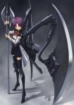  axe bow purple_hair thigh-highs weapon wings 