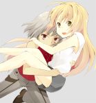  428 ahoge blonde_hair brown_eyes canaan canaan_(character) carrying ecocube jewelry long_hair multiple_girls necklace oosawa_maria open_mouth princess_carry red_eyes short_hair silver_hair 