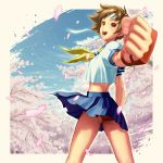  blush brown_eyes brown_hair buruma cherry_blossoms clenched_hand fingerless_gloves fist gloves headband kasugano_sakura legs looking_back midriff open_mouth petals popobobo school_uniform serafuku short_hair skirt skirt_lift sky smile solo street_fighter wind_lift 