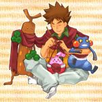  happiny kane laughing lowres pokemon pokemon_(anime) scarf sewing shared_scarf sitting sudowoodo takeshi_(pokemon) takeshi_(pokemon)_(dp) yarn 