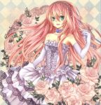  aqua_eyes bare_shoulders checkered checkered_background dress elbow_gloves flower frilled_dress frills gloves hairband lace long_hair megurine_luka nozomi_fuuten pink_hair pink_rose rose smile solo very_long_hair vocaloid 